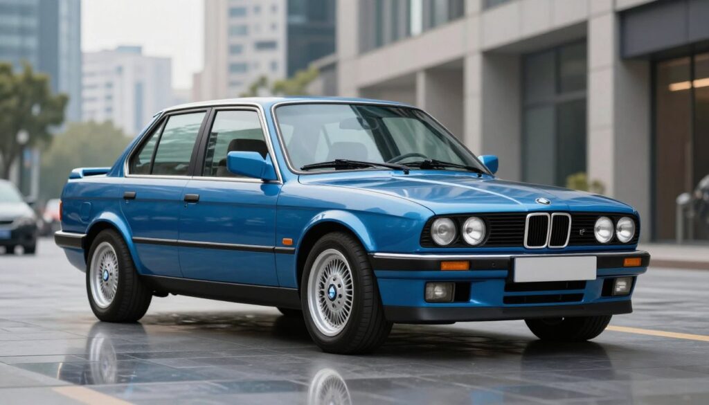 A classic BMW E30 sedan touring parked elegantly in an urban environment, showcasing its distinctive boxy design and sleek lines, emphasizing the body kit upgrades. The car is highlighted in the foreground, with vivid metallic blue paint that glimmers under soft, natural lighting. The scene features a blurred cityscape in the background, hinting at a modern architectural style. In the middle ground, add a subtle reflection of the E30 on a smooth pavement, enhancing the mood of sophistication. The angle of the shot should be slightly low, emphasizing the vehicle's stature while capturing the essence of both classic and contemporary styles. The atmosphere is vibrant and energetic, inviting viewers to appreciate the blend of tradition and modernity in automotive design. A classic BMW E30 sedan touring parked elegantly in an urban environment, showcasing its distinctive boxy design and sleek lines, emphasizing the body kit upgrades. The car is highlighted in the foreground, with vivid metallic blue paint that glimmers under soft, natural lighting. The scene features a blurred cityscape in the background, hinting at a modern architectural style. In the middle ground, add a subtle reflection of the E30 on a smooth pavement, enhancing the mood of sophistication. The angle of the shot should be slightly low, emphasizing the vehicle's stature while capturing the essence of both classic and contemporary styles. The atmosphere is vibrant and energetic, inviting viewers to appreciate the blend of tradition and modernity in automotive design.