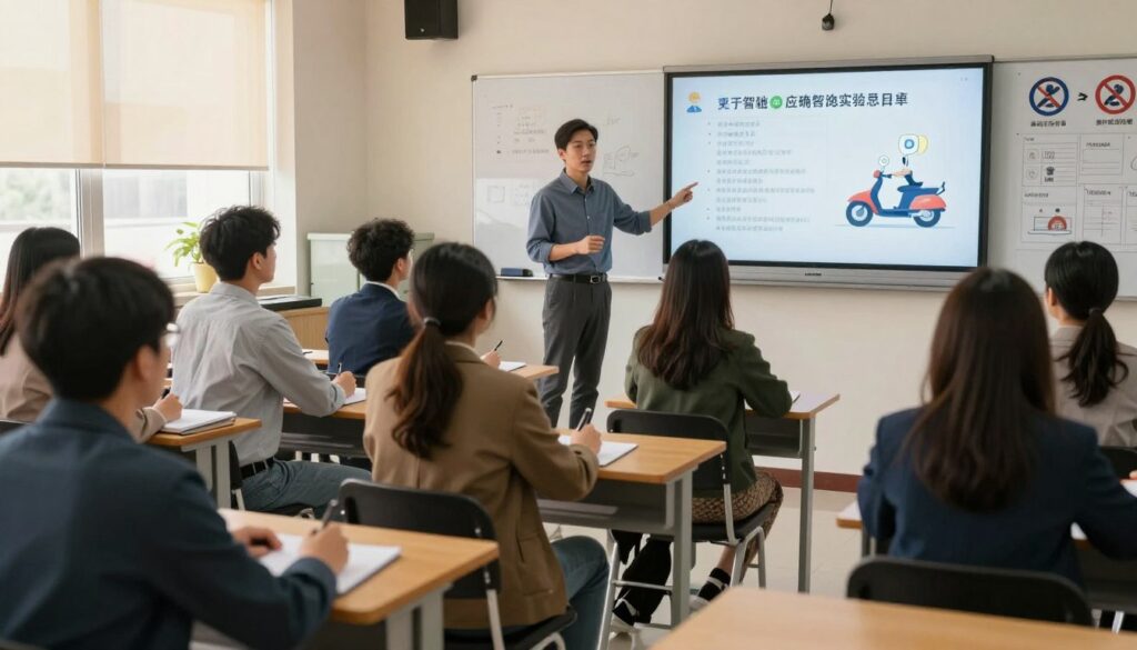 A classroom setting focused on a theoretical driving exam for a scooter license. In the foreground, a diverse group of adult students, dressed in smart casual clothing, are attentively listening to an instructor, who is explaining rules and safety measures on a large screen. The middle ground features a whiteboard filled with diagrams related to scooter operation and traffic signs. In the background, soft natural light filters through windows, creating a warm and focused atmosphere. The scene should convey a sense of preparation and seriousness, with students taking notes and engaging actively. Use a wide-angle lens to capture the group dynamics and the educational environment. The mood is professional yet supportive, emphasizing the importance of theory in acquiring a scooter license. A classroom setting focused on a theoretical driving exam for a scooter license. In the foreground, a diverse group of adult students, dressed in smart casual clothing, are attentively listening to an instructor, who is explaining rules and safety measures on a large screen. The middle ground features a whiteboard filled with diagrams related to scooter operation and traffic signs. In the background, soft natural light filters through windows, creating a warm and focused atmosphere. The scene should convey a sense of preparation and seriousness, with students taking notes and engaging actively. Use a wide-angle lens to capture the group dynamics and the educational environment. The mood is professional yet supportive, emphasizing the importance of theory in acquiring a scooter license.
