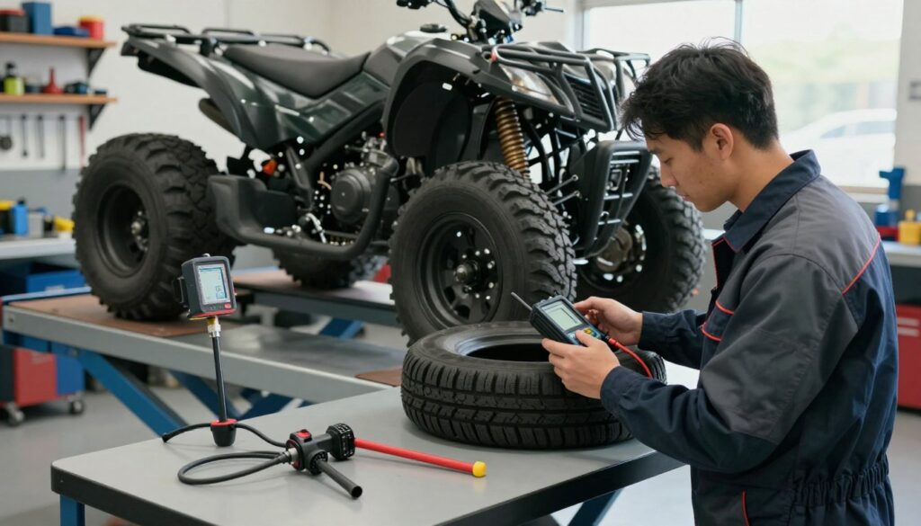 A clean, well-lit workshop setup focused on the preparation for vehicle alignment adjustments. In the foreground, a mechanic in professional attire checks the tire pressure with a digital gauge, surrounded by essential tools such as a tire pressure monitor, wheel alignment tool, and a hydraulic lift. The middle ground features a neatly organized workspace with a quad bike elevated, revealing its wheel assembly, with tire gauges and alignment lasers visibly positioned. In the background, there are shelves stocked with tools and equipment, and a window allowing natural light to cascade into the space, creating a focused and professional atmosphere. The overall mood is industrious, with attention to detail highlighted by soft, even lighting that emphasizes the mechanic's concentration and the tools' precision.