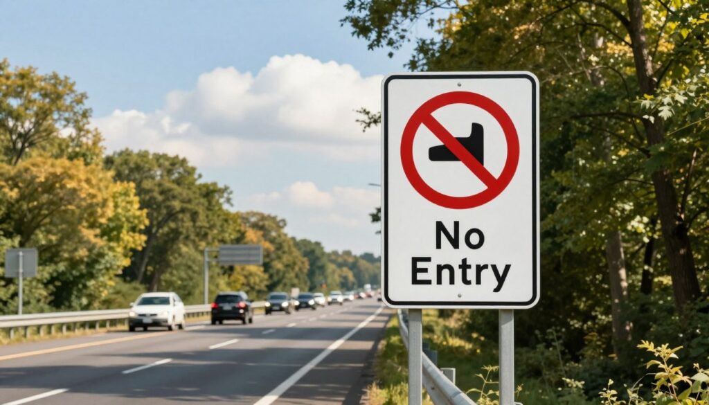 A clear view of a highway sign indicating "No Entry" for certain vehicles, prominently placed in the foreground. The sign is bright, clear, and easily legible, surrounded by lush green trees on the sides of the highway, depicting a sunny day with soft, golden light filtering through the leaves. In the middle ground, a smooth, well-maintained highway stretches out, with a distant view of compliant vehicles in motion, contrasting with the "No Entry" sign. The background features a blue sky with a few fluffy white clouds, emphasizing a serene and orderly atmosphere. Capture the scene from a slight angle at eye level, illustrating the importance of highway regulations and safe driving practices. A clear view of a highway sign indicating "No Entry" for certain vehicles, prominently placed in the foreground. The sign is bright, clear, and easily legible, surrounded by lush green trees on the sides of the highway, depicting a sunny day with soft, golden light filtering through the leaves. In the middle ground, a smooth, well-maintained highway stretches out, with a distant view of compliant vehicles in motion, contrasting with the "No Entry" sign. The background features a blue sky with a few fluffy white clouds, emphasizing a serene and orderly atmosphere. Capture the scene from a slight angle at eye level, illustrating the importance of highway regulations and safe driving practices.