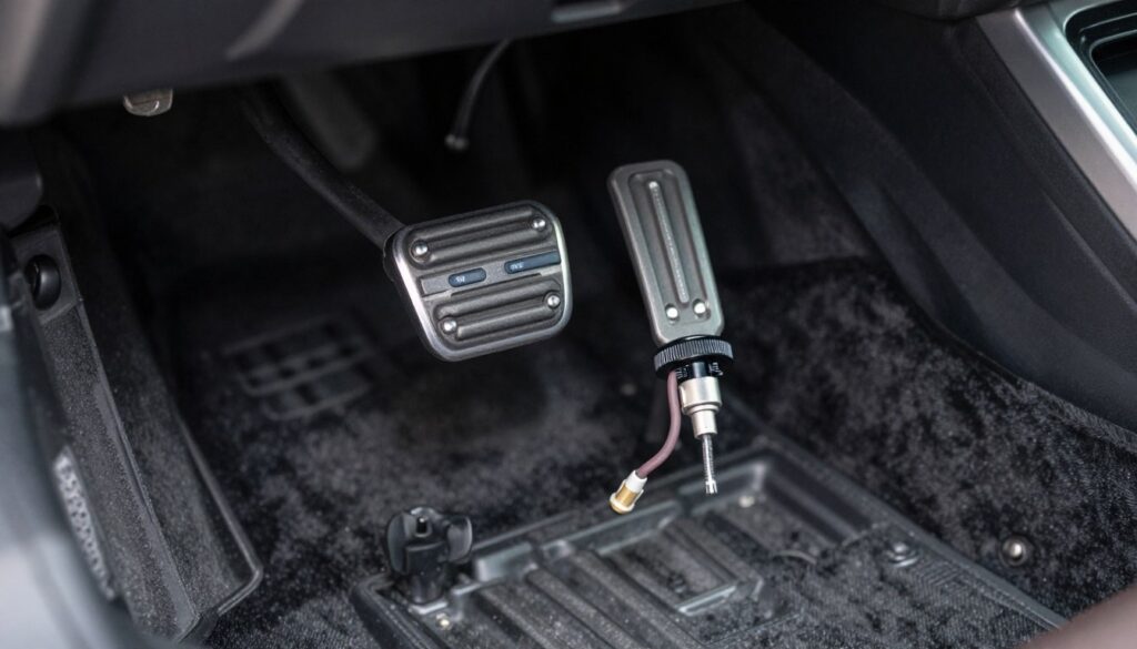 A close-up, detailed view of a car's clutch pedal mechanism, showcasing the pedal's position sensor. The foreground features the pedal itself, highlighting the sensor with intricate details, such as wires, connectors, and metal components. In the middle, the pedal is shown in its operational position, slightly pressed down to indicate functionality. The background captures a blurred view of the car's flooring and other controls, emphasizing the mechanical environment. The lighting is bright and focused, with soft shadows to enhance the textures of the pedal and sensor. The atmosphere is technical and precise, illustrating the concept of automotive diagnostics. A close-up, detailed view of a car's clutch pedal mechanism, showcasing the pedal's position sensor. The foreground features the pedal itself, highlighting the sensor with intricate details, such as wires, connectors, and metal components. In the middle, the pedal is shown in its operational position, slightly pressed down to indicate functionality. The background captures a blurred view of the car's flooring and other controls, emphasizing the mechanical environment. The lighting is bright and focused, with soft shadows to enhance the textures of the pedal and sensor. The atmosphere is technical and precise, illustrating the concept of automotive diagnostics.