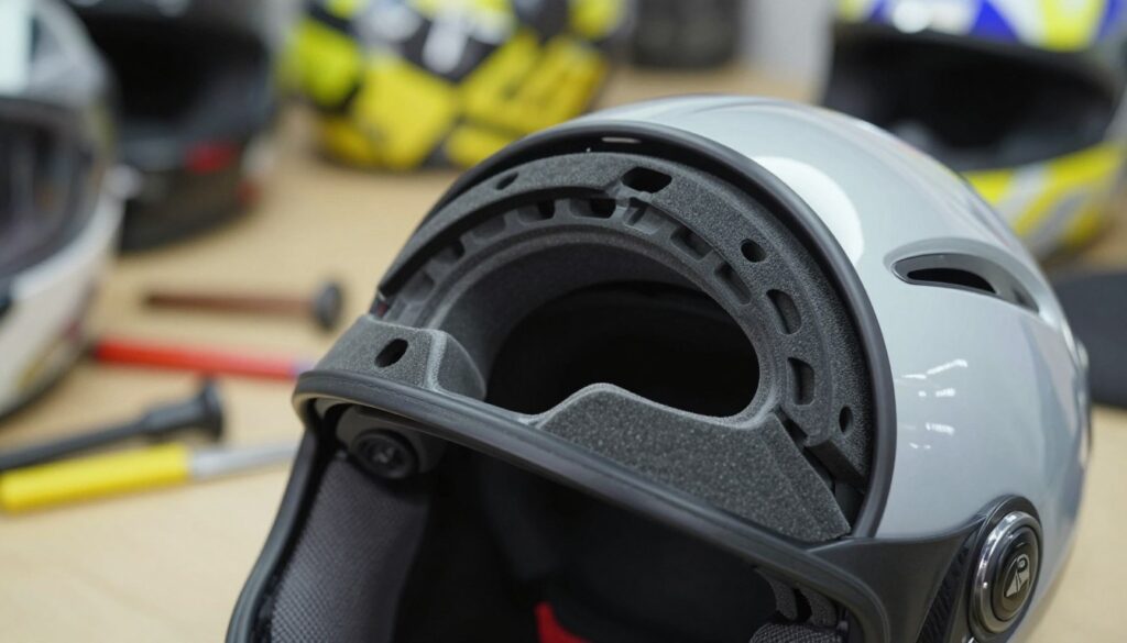 A close-up, detailed view of a modern motorcycle helmet shell, showcasing its intricate layers and materials. The foreground features the helmet split in half, revealing the lightweight outer shell and the inner EPS foam layer, intricately designed with channels for energy absorption. The middle ground includes soft natural lighting highlighting the textures and finishes of the materials. The background is softly blurred, suggesting a workshop environment with tools and safety gear in muted colors that emphasize professionalism. The atmosphere is informative and technical, reflecting a focus on safety and engineering. The image should have a clear, sharp focus with depth of field to draw attention to the helmet's construction details. No human subjects are present.