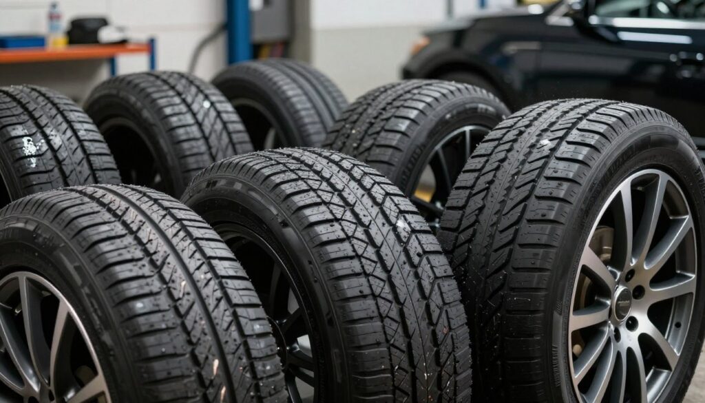 A close-up, detailed view of a selection of diverse car tires and wheels, emphasizing their profiles and widths. In the foreground, showcase a variety of tire tread patterns, highlighting a sporty tire next to an all-terrain variant, both mounted on sleek, modern alloy wheels. The middle section features dry and wet conditions depicted subtly, with reflective surfaces to illustrate how the tires handle different environments. In the background, a blurred automotive workshop with tools and vehicles can be seen, hinting at a busy atmosphere. Use soft, natural lighting to create a professional yet engaging mood, with a focus on the textures of the rubber and metal. The angle is slightly elevated, giving a comprehensive perspective on the tire sizes and types without any text or distractions. A close-up, detailed view of a selection of diverse car tires and wheels, emphasizing their profiles and widths. In the foreground, showcase a variety of tire tread patterns, highlighting a sporty tire next to an all-terrain variant, both mounted on sleek, modern alloy wheels. The middle section features dry and wet conditions depicted subtly, with reflective surfaces to illustrate how the tires handle different environments. In the background, a blurred automotive workshop with tools and vehicles can be seen, hinting at a busy atmosphere. Use soft, natural lighting to create a professional yet engaging mood, with a focus on the textures of the rubber and metal. The angle is slightly elevated, giving a comprehensive perspective on the tire sizes and types without any text or distractions.