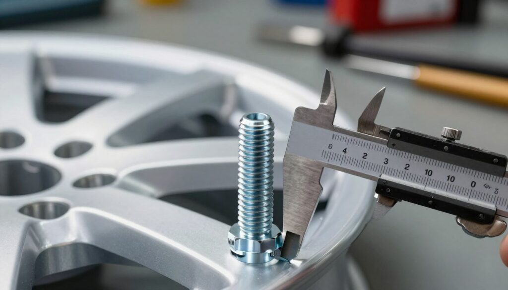 A close-up image focusing on a high-quality aluminum wheel bolt, highlighting the precise threaded length. The foreground features the bolt against a caliper measuring tool, showcasing measurement techniques. In the middle ground, a sleek aluminum rim is partially visible, emphasizing the context of car wheels. The background consists of a soft-focus workshop environment with subtle tools and equipment, providing an engineering feel. Lighting should be bright yet soft, illuminating the bolt and caliper, casting gentle shadows to enhance the details. The atmosphere conveys professionalism and technicality, aiming to communicate clarity and precision in automotive components. No text, watermarks, or distractions present. A close-up image focusing on a high-quality aluminum wheel bolt, highlighting the precise threaded length. The foreground features the bolt against a caliper measuring tool, showcasing measurement techniques. In the middle ground, a sleek aluminum rim is partially visible, emphasizing the context of car wheels. The background consists of a soft-focus workshop environment with subtle tools and equipment, providing an engineering feel. Lighting should be bright yet soft, illuminating the bolt and caliper, casting gentle shadows to enhance the details. The atmosphere conveys professionalism and technicality, aiming to communicate clarity and precision in automotive components. No text, watermarks, or distractions present.