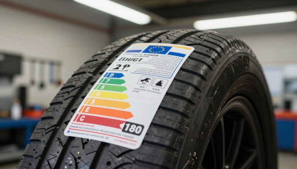 A close-up image of a European Union tire label displayed prominently on a tire. The label features detailed information such as tire size, efficiency ratings, and icons for wet grip and fuel consumption. In the foreground, the tire label is sharply in focus, showcasing its vibrant colors and clear icons. The middle ground contains a well-worn vehicle tire, slightly blurred to give depth but clearly showing the label's positioning. The background consists of a workshop or garage environment with tools and equipment, softly illuminated by overhead fluorescent lights, creating a technical and professional mood. The shot is taken from a slightly elevated angle, emphasizing the label's importance while keeping the overall scene clean and free of distractions.