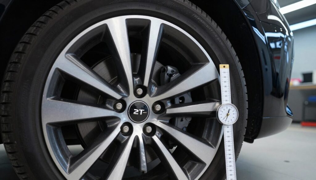 A close-up image of a car wheel showcasing its ET (offset) measurement and fitment within the wheel arch. The foreground features the rim, highlighting its intricate design and the offset angle, with a measurement gauge placed alongside for clarity. In the middle ground, a car chassis is partially visible, adorned with well-fitted tires, demonstrating the relationship between the wheel and the wheel well. The background shows a modern garage setting with soft lighting, creating a focused, professional atmosphere. A slight depth of field effect emphasizes the wheel, allowing the viewer to understand the concept of offset and proper fitment. The image should evoke a sense of precision and attention to detail, ideal for automotive enthusiasts and professionals.