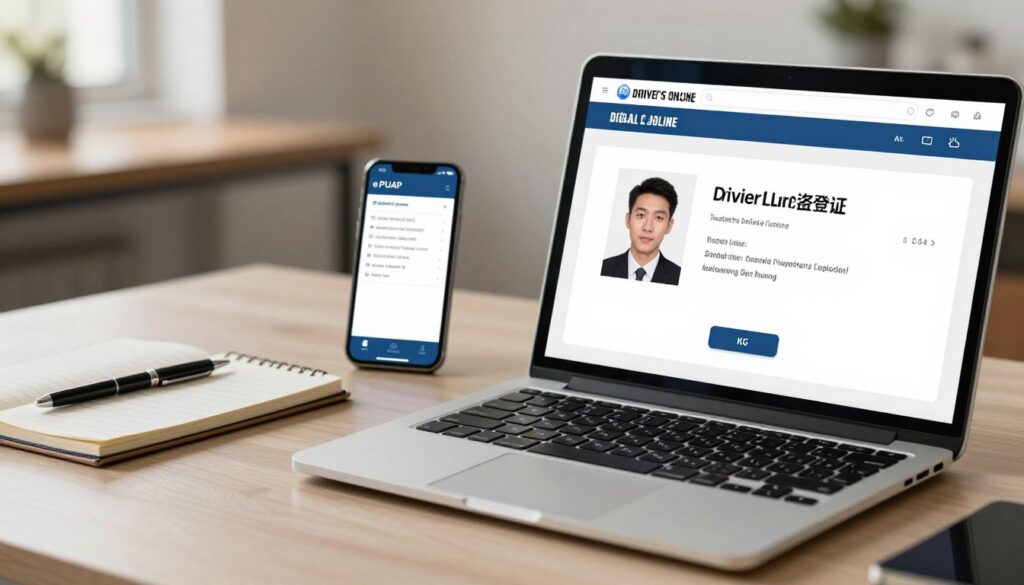 A close-up image of a digital driver's license displayed on a sleek laptop screen, showcasing the modern and efficient process of obtaining a duplicate driving license online. In the foreground, the laptop is open on a stylish workspace desk, complete with a neatly organized notepad and a pen. The middle ground features the glimmer of a smartphone showing notifications about ePUAP and Trusted Profile services. The background showcases a softly blurred office environment with warm, inviting lighting that creates a professional ambiance. The overall mood is one of convenience and security, emphasizing the ease of replacing lost or stolen documents through digital means. The composition should highlight the contrast between technology and the paperwork involved in the licensing process.