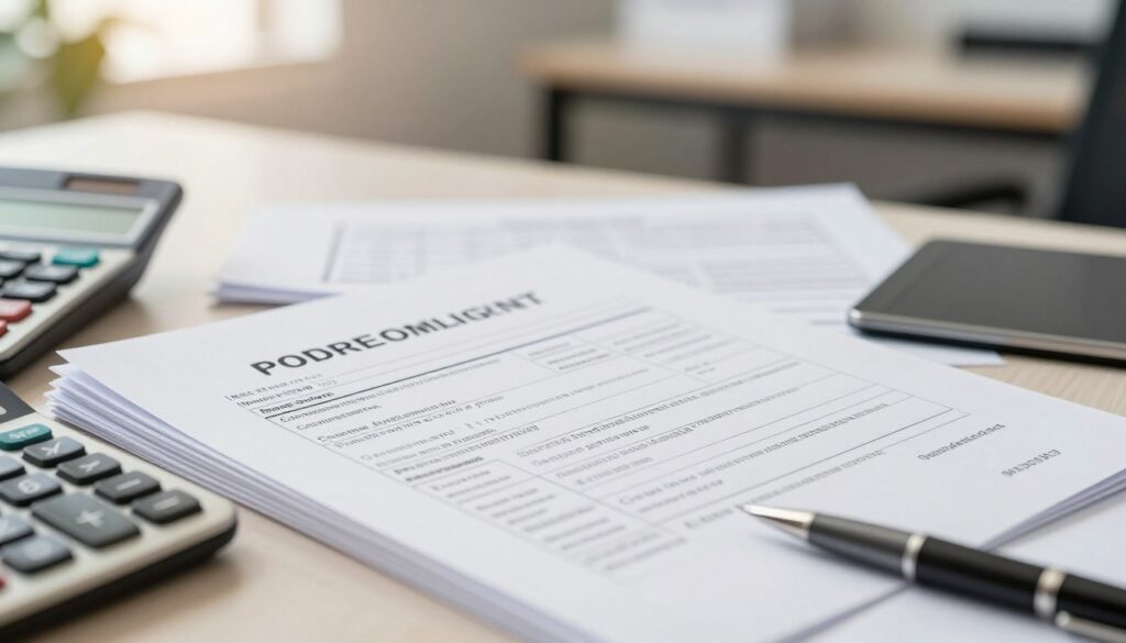 A close-up image of a stack of official documents related to driver's license renewal, emphasizing fees and costs. The foreground features neatly arranged papers, a calculator, and a pen, symbolizing calculations and expenses. In the middle, a partially open folder reveals detailed printouts outlining various fees for obtaining a new driver's license, including additional costs. The background shows a softly blurred, modern office environment with warm lighting, creating a professional atmosphere. The angle is slightly tilted to capture both the documents and a hint of a desk. The mood should be organized and informative, representing the seriousness of financial considerations in the driver's license renewal process.