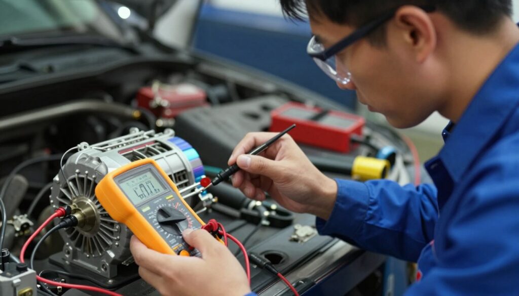 A close-up image of a technician measuring voltage on a car alternator using a multimeter. The technician, dressed in a blue work shirt and safety goggles, is focused on the measurement, demonstrating careful and professional diagnostics. The foreground features the multimeter's display showing voltage readings, while the alternator is clearly visible, showcasing its wiring and terminals. In the background, a dimly lit workshop setting adds an industrial feel, with tools and car parts softly illuminated by overhead lights. The atmosphere conveys a sense of precision and expertise, emphasizing the importance of accurate voltage measurements for detecting weak connections in the automotive electrical system. A close-up image of a technician measuring voltage on a car alternator using a multimeter. The technician, dressed in a blue work shirt and safety goggles, is focused on the measurement, demonstrating careful and professional diagnostics. The foreground features the multimeter's display showing voltage readings, while the alternator is clearly visible, showcasing its wiring and terminals. In the background, a dimly lit workshop setting adds an industrial feel, with tools and car parts softly illuminated by overhead lights. The atmosphere conveys a sense of precision and expertise, emphasizing the importance of accurate voltage measurements for detecting weak connections in the automotive electrical system.