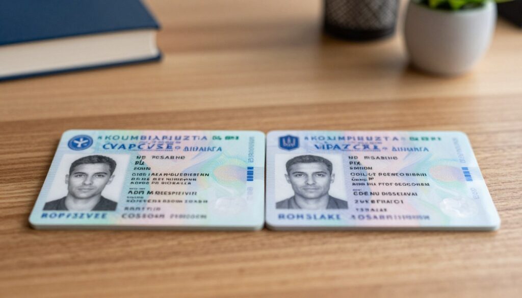 A close-up image of two driving licenses laid side by side on a wooden table, highlighting their differences with a clear focus on the Czech license on the left and the Polish license on the right. The Czech license features a modern design with vibrant colors, including a visible holographic element and a prominent photo section. The Polish license has a more traditional look with an older color scheme and distinct layout. Soft, natural lighting gently illuminates the licenses, casting subtle shadows on the table. The background is softly blurred, showcasing just hints of a cozy office setting with a few books and a plant, creating a professional atmosphere that invites comparison.
