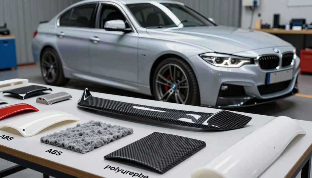 A close-up image showcasing a selection of BMW F30 body kit materials. In the foreground, display various textures and finishes of ABS plastic, polyurethane, fiberglass, carbon fiber, and polypropylene, each piece labeled clearly yet artistically integrated into the composition. The middle ground features a sleek, partially assembled BMW F30 with highlighted areas where these materials are typically utilized, emphasizing their fit and purpose. The background should have a soft-focus workshop environment with subtle lighting that enhances the materials’ details and colors, creating a mood of professionalism and craftsmanship. Use a slightly angled view to capture the dimensionality of the car and materials, ensuring the overall tone is informative yet appealing to automotive enthusiasts.