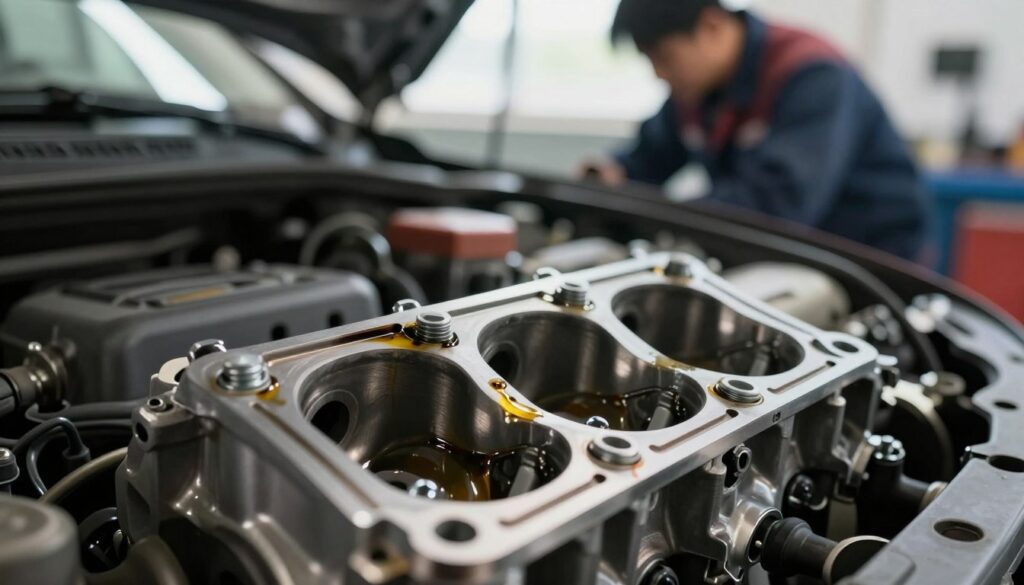 A close-up inspection scene of a car engine, showcasing the cylinder head gasket. In the foreground, prominently display signs of a blown head gasket, such as coolant leaks and oil discoloration. The middle ground includes essential engine components like the cylinder head and bolts, slightly blurred to emphasize the gasket. In the background, lightly out of focus, is a mechanic working diligently in a well-lit garage, enhancing the atmosphere of professionalism and expertise. Natural light from the garage window illuminates the scene, casting soft shadows that create a realistic depth. The overall mood conveys a sense of urgency and attention to detail, perfect for illustrating the symptoms that distinguish a blown head gasket from oil cooler issues, without any text or distractions.