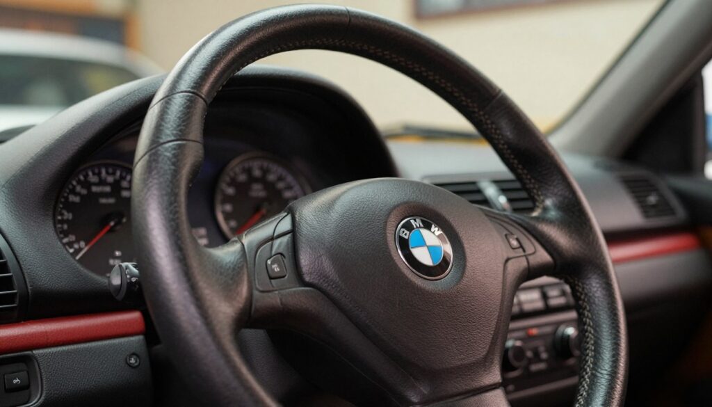 A close-up of a BMW E46 steering wheel, beautifully wrapped in premium leather. The steering wheel features meticulous stitching and a slightly worn texture, showcasing the craftsmanship of restoration over replacement. In the foreground, the handcrafted leather dominates the view, with intricate details of the stitching clearly visible. The middle ground highlights the dashboard of the BMW E46, subtly blurred to keep focus on the steering wheel while hinting at the car's interior design. The background includes a hint of a classic car workshop, softly lit to create a warm, inviting atmosphere, emphasizing the idea of careful restoration. The overall mood is nostalgic yet professional, reflecting a quality craftsmanship theme. A close-up of a BMW E46 steering wheel, beautifully wrapped in premium leather. The steering wheel features meticulous stitching and a slightly worn texture, showcasing the craftsmanship of restoration over replacement. In the foreground, the handcrafted leather dominates the view, with intricate details of the stitching clearly visible. The middle ground highlights the dashboard of the BMW E46, subtly blurred to keep focus on the steering wheel while hinting at the car's interior design. The background includes a hint of a classic car workshop, softly lit to create a warm, inviting atmosphere, emphasizing the idea of careful restoration. The overall mood is nostalgic yet professional, reflecting a quality craftsmanship theme.