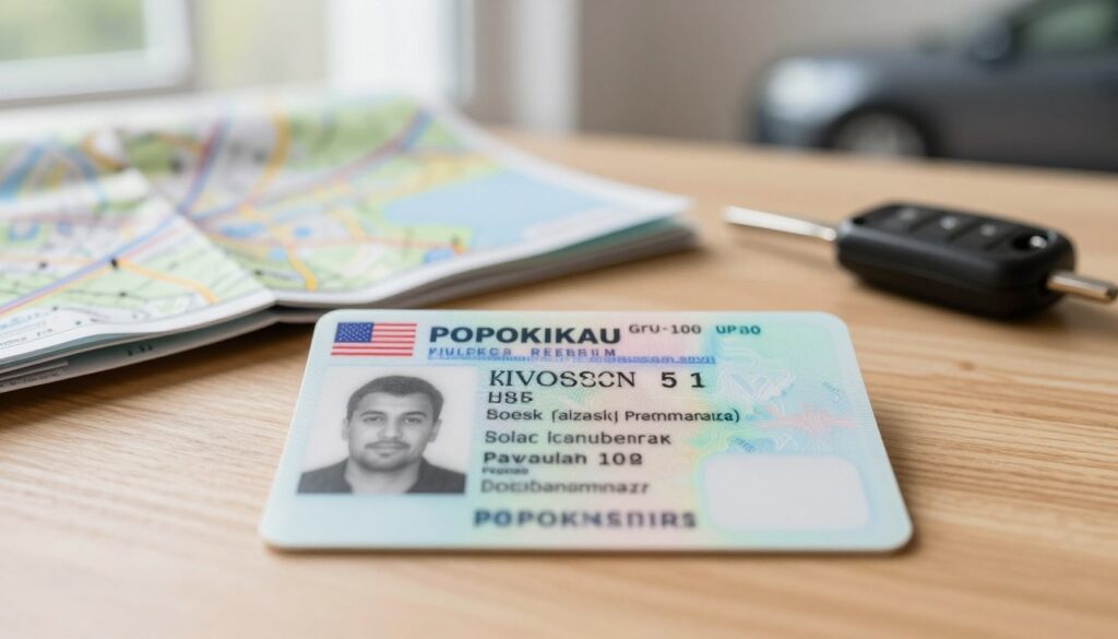 A close-up of a Polish driving license on a wooden table, with a blurred background featuring essential driving-related items like a road map and a car key. The license should be displayed prominently, showcasing its unique design and details. Soft, natural lighting floods the scene from a nearby window, casting gentle shadows that enhance the realism. In the background, a subtle hint of a car can be seen parked outside, suggesting the theme of driving. A light, inviting atmosphere conveys a sense of travel and exploration. The overall composition should be clean and organized, focusing on the significance of the driving license while maintaining a professional and polished look. A close-up of a Polish driving license on a wooden table, with a blurred background featuring essential driving-related items like a road map and a car key. The license should be displayed prominently, showcasing its unique design and details. Soft, natural lighting floods the scene from a nearby window, casting gentle shadows that enhance the realism. In the background, a subtle hint of a car can be seen parked outside, suggesting the theme of driving. A light, inviting atmosphere conveys a sense of travel and exploration. The overall composition should be clean and organized, focusing on the significance of the driving license while maintaining a professional and polished look.