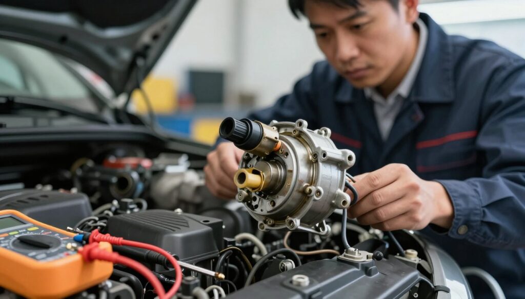 A close-up of a faulty throttle position sensor (TPS) on a car engine, highlighting the intricate details of the electrical connectors and the sensor's casing. The sensor's surface is slightly worn and corroded, representing typical signs of malfunction. In the foreground, include tools such as a multimeter and a screwdriver, suggesting a diagnostic environment. The middle ground shows a mechanic in professional business attire examining the sensor with focused concentration. The background features a well-organized garage with soft lighting, emphasizing a professional workshop atmosphere. The image should have a crisp, realistic quality, with natural shadows to create depth, capturing the mood of technical precision and real-world troubleshooting.