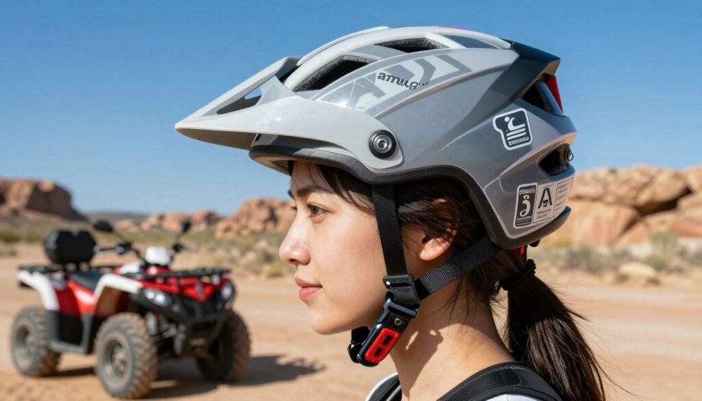A close-up of a high-quality women's quad helmet, showcasing various safety features prominently. The foreground features the helmet with a sleek design, highlighting its certification stickers for homologation, secure locking mechanism, and the durable outer shell made from advanced materials. In the middle ground, softly blurred, there are elements of off-road scenery, including a quad bike and rocky terrain, to contextualize the helmet's use. The background shows a vibrant blue sky, enhancing the lively and adventurous atmosphere. Natural sunlight casts gentle shadows, emphasizing the helmet's contours and glossy finish. The image captures a sense of safety and excitement, ideal for a modern outdoor enthusiast. A close-up of a high-quality women's quad helmet, showcasing various safety features prominently. The foreground features the helmet with a sleek design, highlighting its certification stickers for homologation, secure locking mechanism, and the durable outer shell made from advanced materials. In the middle ground, softly blurred, there are elements of off-road scenery, including a quad bike and rocky terrain, to contextualize the helmet's use. The background shows a vibrant blue sky, enhancing the lively and adventurous atmosphere. Natural sunlight casts gentle shadows, emphasizing the helmet's contours and glossy finish. The image captures a sense of safety and excitement, ideal for a modern outdoor enthusiast.