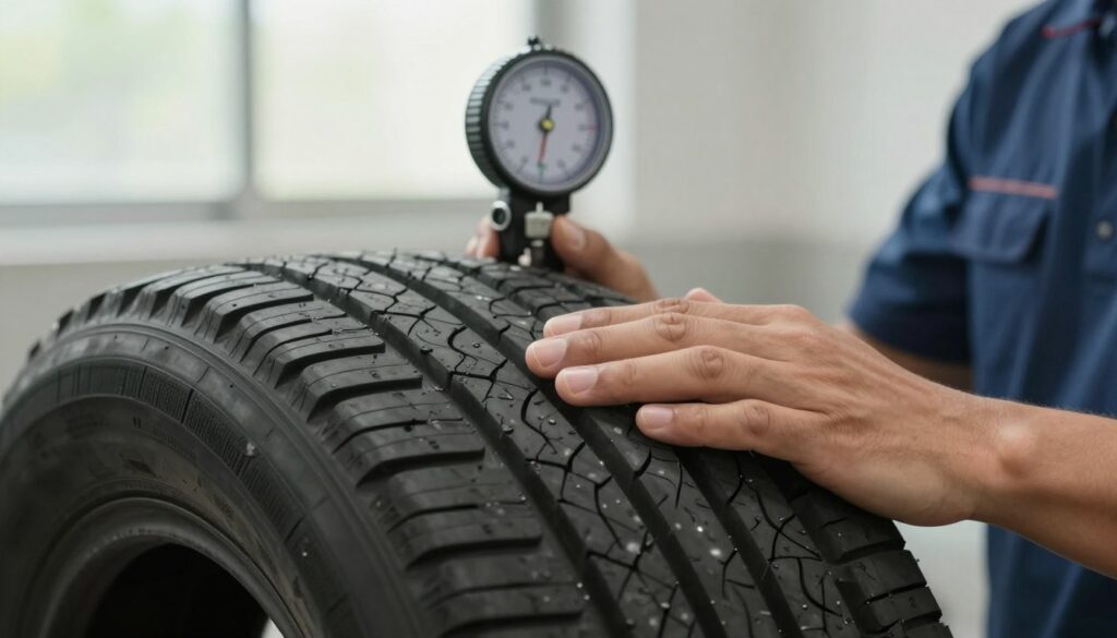 A close-up of a person testing a retreaded tire, showcasing the tactile examination and weight assessment. The foreground features a focused hand gently pressing on the distinct tread pattern of the tire, highlighting its surface texture. The middle ground emphasizes the scale used to weigh the tire, positioned nearby for comparison. The background includes a blurred workshop setting with soft natural light filtering through a window, creating a professional atmosphere. Use a macro lens perspective to capture fine details, while ensuring the individual is dressed in professional attire, appearing concentrated and knowledgeable. The overall mood should convey diligence and expertise in tire assessment.
