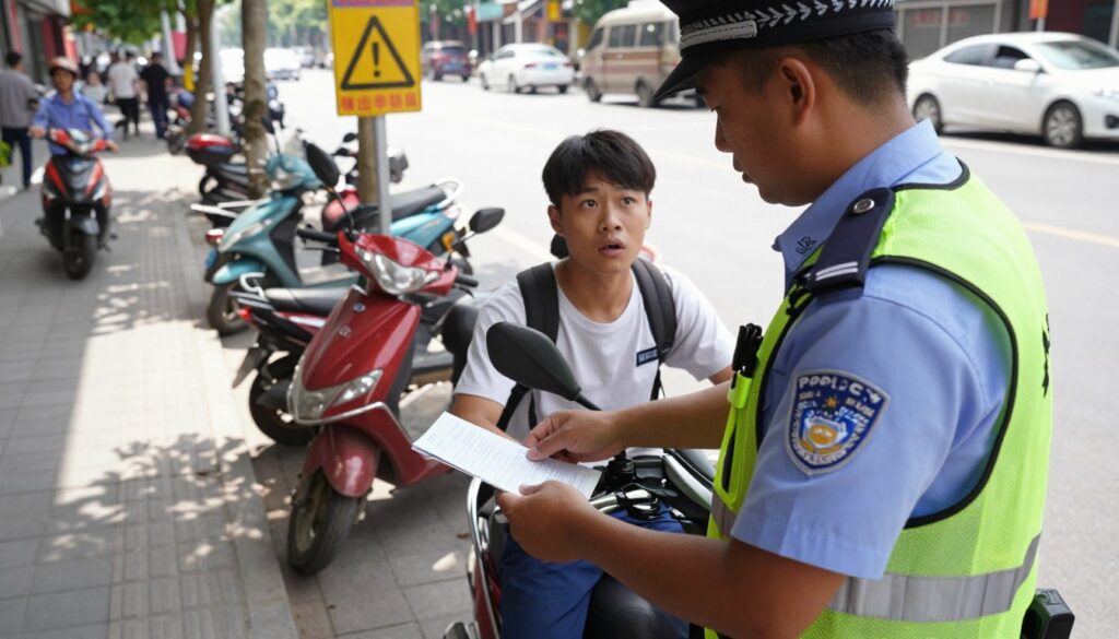 A close-up of a police officer issuing a fine for a traffic violation on a scooter in an urban environment. The foreground features the officer, wearing a formal uniform, standing next to a young scooter rider who looks surprised and concerned. The middle ground includes several colorful scooters parked on the sidewalk, with a warning sign visible. The background showcases a busy city street with pedestrians and cars, hinting at a typical day. The lighting is bright and clear, suggesting midday, with shadows casting subtly on the sidewalk. The mood evokes a sense of seriousness and awareness about safety regulations, emphasizing the consequences of breaking traffic laws on scooters. A close-up of a police officer issuing a fine for a traffic violation on a scooter in an urban environment. The foreground features the officer, wearing a formal uniform, standing next to a young scooter rider who looks surprised and concerned. The middle ground includes several colorful scooters parked on the sidewalk, with a warning sign visible. The background showcases a busy city street with pedestrians and cars, hinting at a typical day. The lighting is bright and clear, suggesting midday, with shadows casting subtly on the sidewalk. The mood evokes a sense of seriousness and awareness about safety regulations, emphasizing the consequences of breaking traffic laws on scooters.