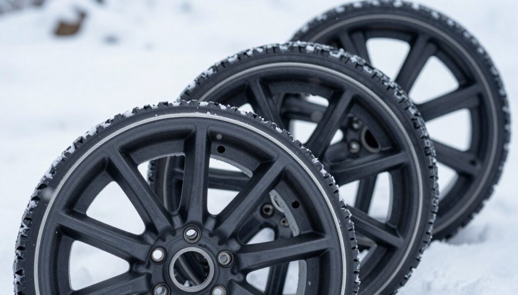 A close-up of a set of steel winter wheels, showcasing their robust design and textured surface, with a matte black finish to emphasize their durability. The foreground features a detailed view of the steel rims, highlighting the intricate patterns of the spokes that give them strength and stability. In the middle, the wheels are set against a snowy backdrop with subtle snowflakes gently falling, suggesting winter conditions. The background displays a blurred snowy landscape, evoking a cold, crisp atmosphere. Soft diffused lighting creates a cool tone, enhancing the metallic sheen of the wheels while maintaining a focus on their practicality. The angle should be slightly tilted upwards to give a dynamic perspective, making the wheels appear commanding and ready for winter roads. A close-up of a set of steel winter wheels, showcasing their robust design and textured surface, with a matte black finish to emphasize their durability. The foreground features a detailed view of the steel rims, highlighting the intricate patterns of the spokes that give them strength and stability. In the middle, the wheels are set against a snowy backdrop with subtle snowflakes gently falling, suggesting winter conditions. The background displays a blurred snowy landscape, evoking a cold, crisp atmosphere. Soft diffused lighting creates a cool tone, enhancing the metallic sheen of the wheels while maintaining a focus on their practicality. The angle should be slightly tilted upwards to give a dynamic perspective, making the wheels appear commanding and ready for winter roads.