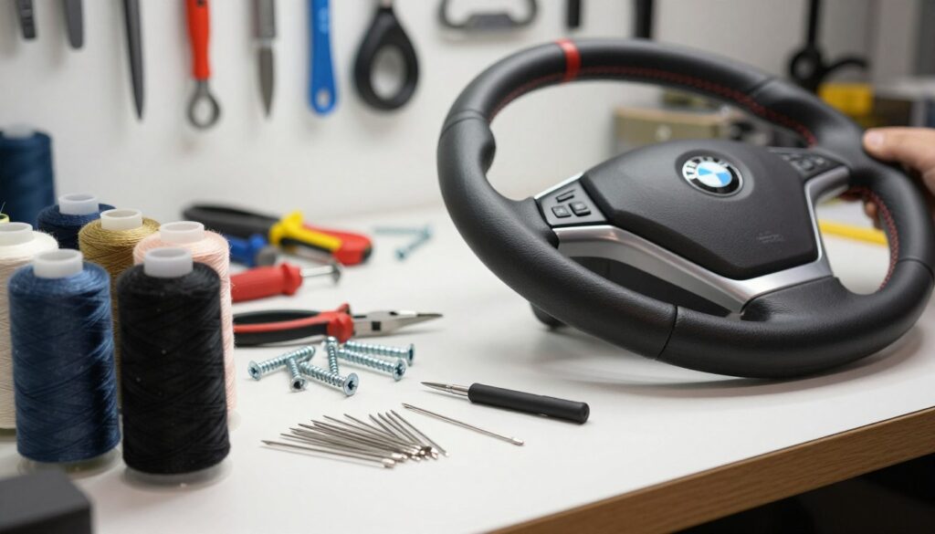 A close-up of a workstation setup for reupholstering a BMW E46 steering wheel. In the foreground, prominent spools of various colored threads, especially a thick, durable black thread suited for upholstery, neatly arranged beside a set of high-quality needles. The middle ground features an assortment of Torx screws, pliers, and a sleek, modern steering wheel partially covered in premium leather. The background is softly blurred, hinting at a well-organized workshop with tools hanging on the wall. Bright, focused lighting illuminates the workspace, creating a professional and inviting atmosphere. The composition emphasizes the meticulous preparation required for a factory-like finish, showcasing attention to detail and craftsmanship. A close-up of a workstation setup for reupholstering a BMW E46 steering wheel. In the foreground, prominent spools of various colored threads, especially a thick, durable black thread suited for upholstery, neatly arranged beside a set of high-quality needles. The middle ground features an assortment of Torx screws, pliers, and a sleek, modern steering wheel partially covered in premium leather. The background is softly blurred, hinting at a well-organized workshop with tools hanging on the wall. Bright, focused lighting illuminates the workspace, creating a professional and inviting atmosphere. The composition emphasizes the meticulous preparation required for a factory-like finish, showcasing attention to detail and craftsmanship.