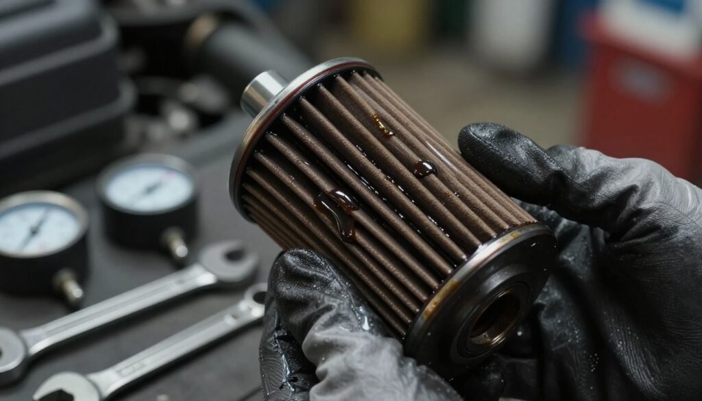 A close-up of dark engine oil inside a transparent oil filter cartridge, showcasing the rich, deep black color and viscous texture. The oil glistens under soft, diffused lighting, revealing subtle reflections that highlight its density. In the foreground, a mechanic's gloved hands hold the filter, while in the middle, various tools such as wrenches and oil gauges are scattered, providing context for maintenance. The background is softly blurred, resembling a garage setting with dim ambient light and silhouettes of automotive parts. The overall mood is analytical and insightful, inviting an exploration of engine health through oil condition.