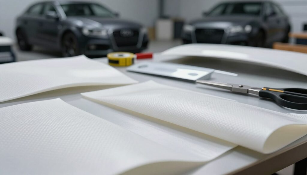 A close-up of high-quality fiberglass material used for automotive body kits, showcasing its smooth and glossy texture. In the foreground, focus on various sheets and panels of fiberglass, gleaming under bright, white studio lights to emphasize their intricate weave patterns. In the middle, include tools and equipment typically used in the modification process, such as scissors and a measuring tape, artistically arranged. In the background, softly blurred silhouettes of car parts modeled for an Audi A3 8P body kit create a sense of context. Use a shallow depth of field to draw attention to the fiberglass while maintaining a professional, informative atmosphere, suitable for an automotive design article. A close-up of high-quality fiberglass material used for automotive body kits, showcasing its smooth and glossy texture. In the foreground, focus on various sheets and panels of fiberglass, gleaming under bright, white studio lights to emphasize their intricate weave patterns. In the middle, include tools and equipment typically used in the modification process, such as scissors and a measuring tape, artistically arranged. In the background, softly blurred silhouettes of car parts modeled for an Audi A3 8P body kit create a sense of context. Use a shallow depth of field to draw attention to the fiberglass while maintaining a professional, informative atmosphere, suitable for an automotive design article.