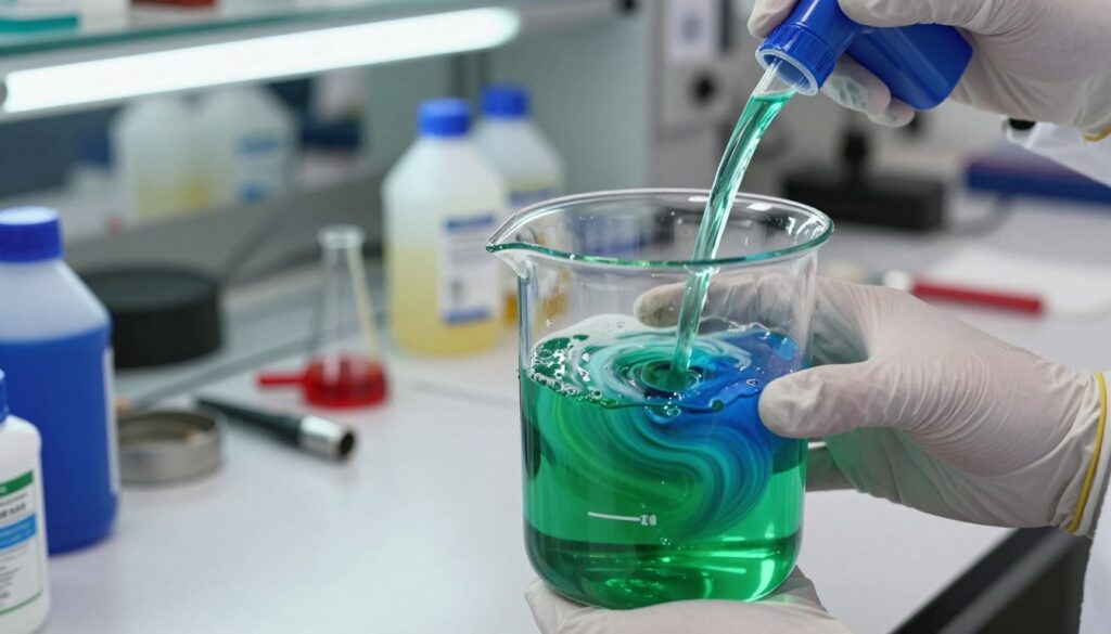 A close-up scene of two automotive fluids being mixed in a laboratory setting, showcasing vibrant colors of a bright green coolant and a deep blue coolant. In the foreground, a transparent mixing beaker is held by a gloved hand, with the liquids swirling together, creating a mesmerizing gradient. In the middle background, a sleek workbench is cluttered with various automotive tools and fluid containers, emphasizing a professional atmosphere. Fluorescent lighting illuminates the scene, reflecting off the glass surfaces, and casting soft shadows. The overall mood is experimental and technical, suitable for an informative article about coolant mixing.
