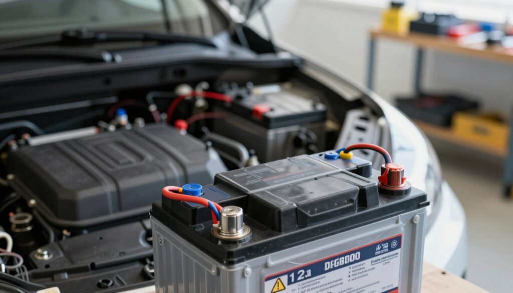 A close-up shot of a 12V car battery, placed prominently in the foreground, showcasing its distinct labels and terminals, emphasizing safety features like protective covers and warning symbols. In the middle ground, include a hybrid vehicle’s battery compartment, slightly open to reveal the intricate wiring and connections. The background should feature a well-lit garage setting, with tools neatly organized, enhancing the atmosphere of professionalism and safety. Use soft, natural lighting to create a calm and focused mood, while a shallow depth of field draws attention to the battery. Capture the scene from a slightly elevated angle, ensuring depth and perspective while maintaining clarity on the subject. The overall composition should convey a sense of care and caution in handling the battery safely. A close-up shot of a 12V car battery, placed prominently in the foreground, showcasing its distinct labels and terminals, emphasizing safety features like protective covers and warning symbols. In the middle ground, include a hybrid vehicle’s battery compartment, slightly open to reveal the intricate wiring and connections. The background should feature a well-lit garage setting, with tools neatly organized, enhancing the atmosphere of professionalism and safety. Use soft, natural lighting to create a calm and focused mood, while a shallow depth of field draws attention to the battery. Capture the scene from a slightly elevated angle, ensuring depth and perspective while maintaining clarity on the subject. The overall composition should convey a sense of care and caution in handling the battery safely.