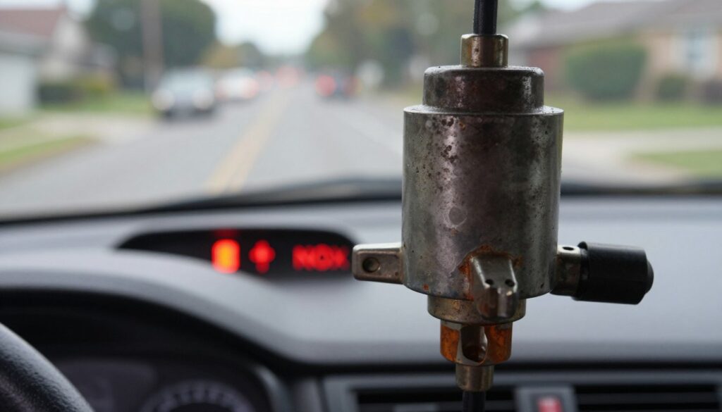 A close-up shot of a malfunctioning NOx sensor, prominently displayed in the foreground. The sensor is detailed, showcasing wear and tear, with hints of rust and dirt, indicating its failure. In the middle ground, a blurred car dashboard highlights warning lights, particularly the engine light and NOx indicator, suggesting issues during driving. The background features a suburban street scene with soft natural lighting, creating a realistic driving environment. Use a 50mm lens to capture detailed textures while maintaining a shallow depth of field that focuses on the sensor. The mood is slightly tense, conveying the urgency of addressing vehicle maintenance issues, emphasizing the importance of recognizing sensor failures while on the road. A close-up shot of a malfunctioning NOx sensor, prominently displayed in the foreground. The sensor is detailed, showcasing wear and tear, with hints of rust and dirt, indicating its failure. In the middle ground, a blurred car dashboard highlights warning lights, particularly the engine light and NOx indicator, suggesting issues during driving. The background features a suburban street scene with soft natural lighting, creating a realistic driving environment. Use a 50mm lens to capture detailed textures while maintaining a shallow depth of field that focuses on the sensor. The mood is slightly tense, conveying the urgency of addressing vehicle maintenance issues, emphasizing the importance of recognizing sensor failures while on the road.