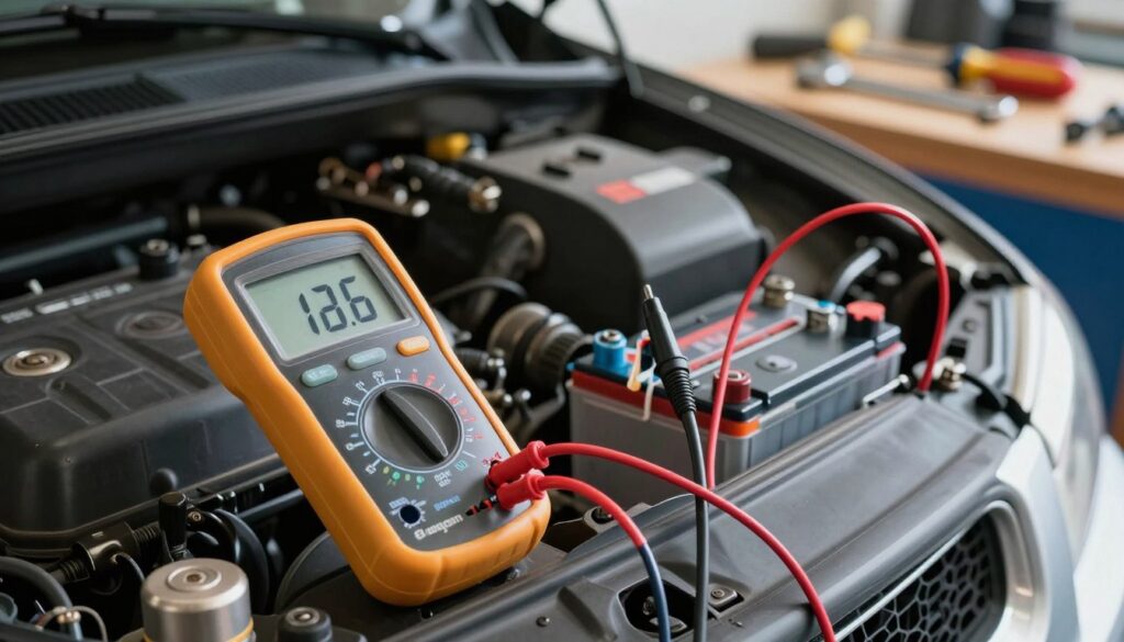A close-up shot of a multimeter displaying the resting voltage of a car battery, with red and black lead wires connected to the battery terminals. In the foreground, the digital screen of the multimeter shows a clear reading of 12.6 volts, illuminated subtly to enhance readability. The middle ground features a well-maintained car engine bay, showcasing the battery and surrounding components in a clean and organized manner. The background displays tools like wrenches and screwdrivers neatly arranged on a workbench, implying a purposeful workshop atmosphere. Soft, diffused lighting highlights the metallic textures and reflective surfaces while creating a calm, focused mood suitable for technical work. The image captures an informative, engaging perspective on battery testing. A close-up shot of a multimeter displaying the resting voltage of a car battery, with red and black lead wires connected to the battery terminals. In the foreground, the digital screen of the multimeter shows a clear reading of 12.6 volts, illuminated subtly to enhance readability. The middle ground features a well-maintained car engine bay, showcasing the battery and surrounding components in a clean and organized manner. The background displays tools like wrenches and screwdrivers neatly arranged on a workbench, implying a purposeful workshop atmosphere. Soft, diffused lighting highlights the metallic textures and reflective surfaces while creating a calm, focused mood suitable for technical work. The image captures an informative, engaging perspective on battery testing.