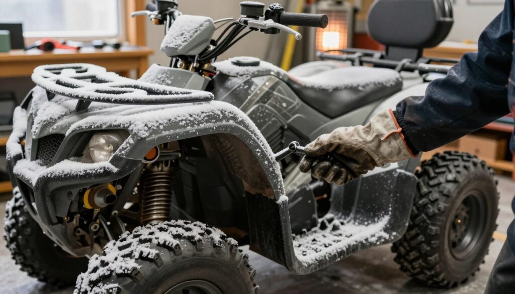 A close-up shot of a snow-covered quad bike engine in a workshop setting, showcasing the choke lever actively being engaged. In the foreground, the focus is on a mechanic’s hand wearing a slightly grease-stained glove, adjusting the choke with precision. The middle ground features the quad bike itself, highlighting its rugged design with frosty details on the body and tires. In the background, soft warm light filters through a workshop window, enhancing the cozy, industrious atmosphere. Tools are scattered on a workbench, and a small heater radiates warmth, suggesting the importance of preparation for starting a cold engine. The composition conveys a sense of careful maintenance and the importance of good starting habits.