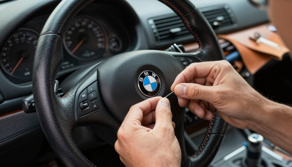 A close-up view of a BMW E46 steering wheel being skillfully hand-stitched with premium leather by a focused artisan. The foreground features the artisan's hands, expertly threading a needle through the leather, showcasing intricate stitching patterns and textures. In the middle ground, the iconic BMW E46 dashboard is softly blurred, emphasizing the luxurious interior. The background includes tools of the trade: leather, needles, and thread laid out neatly on a workbench, with warm, natural lighting that highlights the craftsmanship. The atmosphere is one of precision and dedication, evoking a sense of pride in DIY automotive projects. A close-up view of a BMW E46 steering wheel being skillfully hand-stitched with premium leather by a focused artisan. The foreground features the artisan's hands, expertly threading a needle through the leather, showcasing intricate stitching patterns and textures. In the middle ground, the iconic BMW E46 dashboard is softly blurred, emphasizing the luxurious interior. The background includes tools of the trade: leather, needles, and thread laid out neatly on a workbench, with warm, natural lighting that highlights the craftsmanship. The atmosphere is one of precision and dedication, evoking a sense of pride in DIY automotive projects.