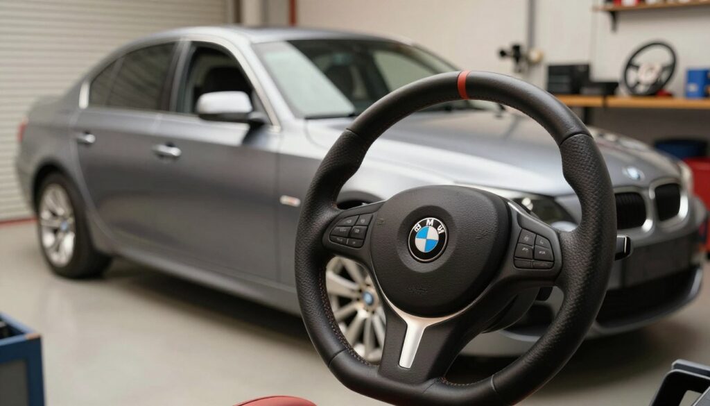 A close-up view of a BMW E60 steering wheel prominently displayed in the foreground, elegantly detailed with leather stitching and modern controls. In the middle ground, a sleek BMW E60 sedan is parked, showcasing its sporty body lines and sophisticated design. The background features a blurred workshop setting, hinting at a professional environment where steering wheels are fitted, illuminated by soft, natural lighting that gives a warm, inviting atmosphere. The angle captures the steering wheel from a slightly elevated perspective, enhancing its importance in the image. The overall mood is focused and informative, emphasizing the precision and care required for choosing the right steering wheel for the BMW E60/E61 models. A close-up view of a BMW E60 steering wheel prominently displayed in the foreground, elegantly detailed with leather stitching and modern controls. In the middle ground, a sleek BMW E60 sedan is parked, showcasing its sporty body lines and sophisticated design. The background features a blurred workshop setting, hinting at a professional environment where steering wheels are fitted, illuminated by soft, natural lighting that gives a warm, inviting atmosphere. The angle captures the steering wheel from a slightly elevated perspective, enhancing its importance in the image. The overall mood is focused and informative, emphasizing the precision and care required for choosing the right steering wheel for the BMW E60/E61 models.