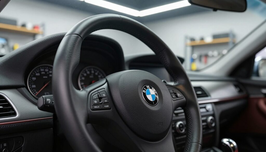 A close-up view of a BMW E60 steering wheel, showcasing its design and texture, prominently placed in the foreground. The steering wheel should be leather-wrapped with distinct stitching and embedded controls, reflecting high-quality craftsmanship. In the middle ground, display a sleek BMW E60 dashboard, slightly blurred to create depth, emphasizing the luxurious interior. The background features a modern automotive workshop, well-lit with fluorescent lights, highlighting tools and parts on shelves. The atmosphere conveys professionalism and precision, with an overall mood of accessibility and focus on quality. Use a low-angle perspective to enhance the importance of the steering wheel. The scene should not include any people or text, ensuring a clear focus on the automotive subject. A close-up view of a BMW E60 steering wheel, showcasing its design and texture, prominently placed in the foreground. The steering wheel should be leather-wrapped with distinct stitching and embedded controls, reflecting high-quality craftsmanship. In the middle ground, display a sleek BMW E60 dashboard, slightly blurred to create depth, emphasizing the luxurious interior. The background features a modern automotive workshop, well-lit with fluorescent lights, highlighting tools and parts on shelves. The atmosphere conveys professionalism and precision, with an overall mood of accessibility and focus on quality. Use a low-angle perspective to enhance the importance of the steering wheel. The scene should not include any people or text, ensuring a clear focus on the automotive subject.