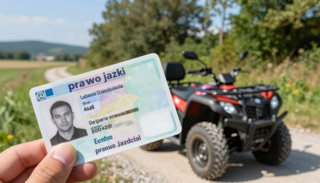 A close-up view of a Polish "prawo jazdy" (driving license), prominently displaying the national emblem and security features. The foreground focuses on the license, which is held by a hand in a smart casual outfit, suggesting a responsible driver. In the middle ground, a quad bike is parked on a gravel path indicating a field road, with a scenic backdrop of lush greenery and distant hills under a clear blue sky. Soft sunlight filters through the trees, creating a warm, inviting atmosphere. The angle is slightly tilted to emphasize both the license and the vehicle, conveying a sense of legality and adventure. The image should evoke a mood of exploration and compliance with laws regarding quad driving in Poland. A close-up view of a Polish "prawo jazdy" (driving license), prominently displaying the national emblem and security features. The foreground focuses on the license, which is held by a hand in a smart casual outfit, suggesting a responsible driver. In the middle ground, a quad bike is parked on a gravel path indicating a field road, with a scenic backdrop of lush greenery and distant hills under a clear blue sky. Soft sunlight filters through the trees, creating a warm, inviting atmosphere. The angle is slightly tilted to emphasize both the license and the vehicle, conveying a sense of legality and adventure. The image should evoke a mood of exploration and compliance with laws regarding quad driving in Poland.