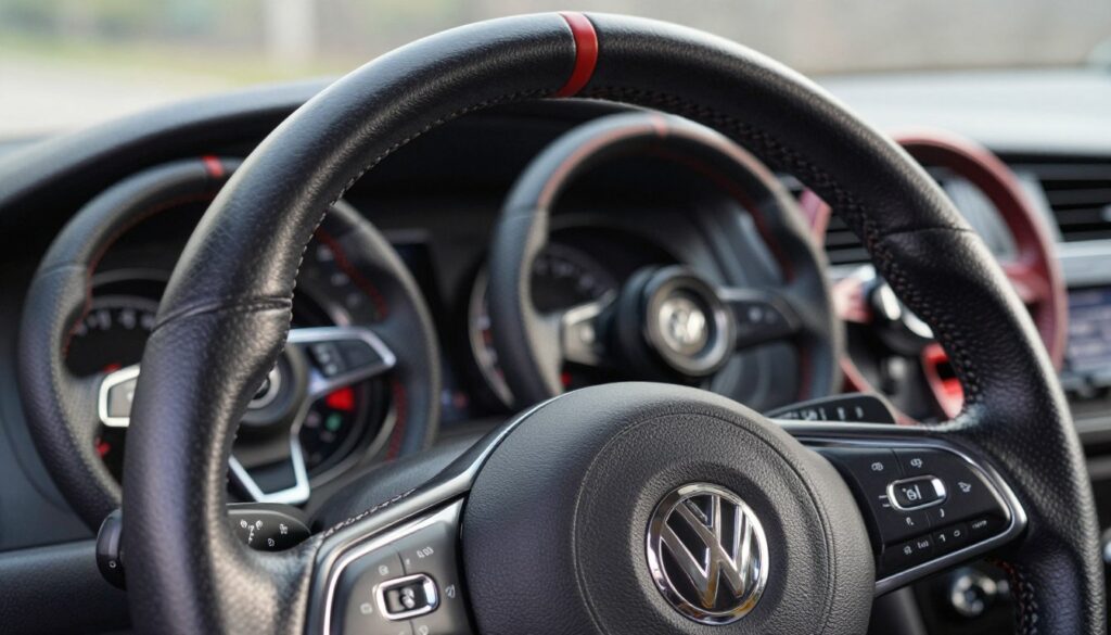A close-up view of a Volkswagen Golf 6 steering wheel showcasing different popular versions. The foreground features a glossy, high-quality leather steering wheel, with distinct stitching and ergonomic grips, illuminated by soft, natural lighting that highlights its texture and craftsmanship. In the middle, various steering wheel designs are arranged in an attractive layout, displaying subtle variations in shape and finish, from sporty to elegant styles. The background is a blurred automotive interior, emphasizing the sleekness and modernity that complements the Golf 6. The atmosphere is professional and inviting, conveying the importance of quality and choice in steering wheel selection for car enthusiasts. The image focuses solely on the steering wheels without any distracting elements or text. A close-up view of a Volkswagen Golf 6 steering wheel showcasing different popular versions. The foreground features a glossy, high-quality leather steering wheel, with distinct stitching and ergonomic grips, illuminated by soft, natural lighting that highlights its texture and craftsmanship. In the middle, various steering wheel designs are arranged in an attractive layout, displaying subtle variations in shape and finish, from sporty to elegant styles. The background is a blurred automotive interior, emphasizing the sleekness and modernity that complements the Golf 6. The atmosphere is professional and inviting, conveying the importance of quality and choice in steering wheel selection for car enthusiasts. The image focuses solely on the steering wheels without any distracting elements or text.