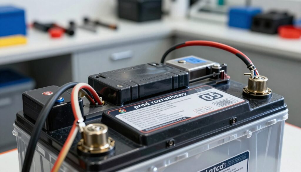 A close-up view of a car battery, showcasing its specifications like "prąd rozruchowy" (cold cranking amps) in a highly detailed, technical setting. The foreground focuses on the battery label, clearly displaying its information, intertwined with electrical cables connecting to it. In the middle ground, the background features a clean, well-lit auto shop environment with tools and automotive parts, emphasizing a professional atmosphere. The lighting is bright and even, highlighting the battery's metallic textures. The image should evoke a sense of precision and reliability, perfect for an educational context about car battery parameters. Use a slightly angled perspective to add depth and interest. A close-up view of a car battery, showcasing its specifications like "prąd rozruchowy" (cold cranking amps) in a highly detailed, technical setting. The foreground focuses on the battery label, clearly displaying its information, intertwined with electrical cables connecting to it. In the middle ground, the background features a clean, well-lit auto shop environment with tools and automotive parts, emphasizing a professional atmosphere. The lighting is bright and even, highlighting the battery's metallic textures. The image should evoke a sense of precision and reliability, perfect for an educational context about car battery parameters. Use a slightly angled perspective to add depth and interest.