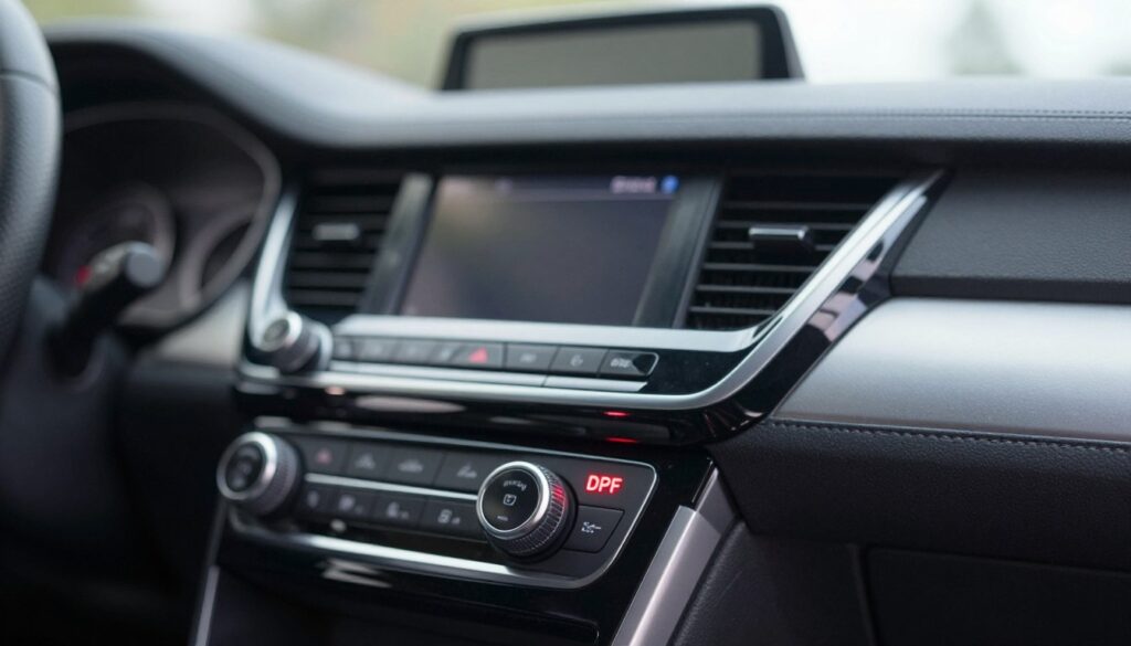A close-up view of a car dashboard displaying a "DPF" warning light illuminated in red, indicating the need for diesel particulate filter regeneration. The foreground shows the dashboard with clarity, focusing on the warning light as the main subject. In the middle ground, there are sleek control knobs and a digital display screen, reflecting a modern vehicle aesthetic with a glossy black finish. The background features a softly blurred image of a car interior, providing context without distraction. Soft, diffused lighting highlights the dashboard's details, creating a professional atmosphere. The overall mood is urgent yet informative, emphasizing the importance of vehicle maintenance. A close-up view of a car dashboard displaying a "DPF" warning light illuminated in red, indicating the need for diesel particulate filter regeneration. The foreground shows the dashboard with clarity, focusing on the warning light as the main subject. In the middle ground, there are sleek control knobs and a digital display screen, reflecting a modern vehicle aesthetic with a glossy black finish. The background features a softly blurred image of a car interior, providing context without distraction. Soft, diffused lighting highlights the dashboard's details, creating a professional atmosphere. The overall mood is urgent yet informative, emphasizing the importance of vehicle maintenance.