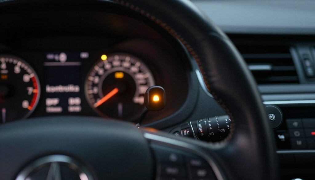 A close-up view of a car dashboard illuminated at night, focusing on a glowing warning light, specifically the "kontrolka" indicating DPF (Diesel Particulate Filter) issues. The foreground features the dashboard with its sleek modern design, soft glows from other gauges and buttons creating a warm ambiance. The middle ground includes the intricate texture of the steering wheel, with its stitched leather that adds a touch of luxury. In the background, there’s a hint of a car interior, softly blurred to keep the focus on the warning light. The lighting emphasizes the contrast between the warning light and the darker dashboard, evoking a sense of caution and urgency. Overall, the mood is serious and technical, reflecting the importance of timely vehicle maintenance.
