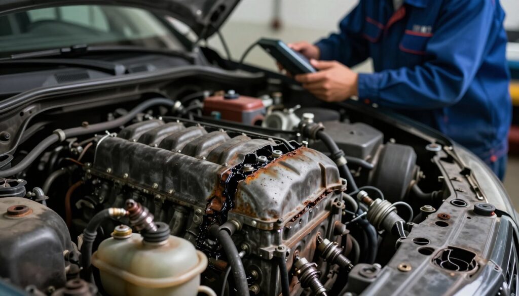 A close-up view of a car engine with visible signs of wear and tear, showcasing details like cracked components, rust, and oil leaks. In the foreground, focus on a damaged spark plug and coolant reservoir. The middle ground should depict the engine compartment in a slightly cluttered garage, with tools scattered around, conveying a sense of urgency. In the background, out of focus, a mechanic in professional attire examines a diagnostic tool, illustrating the human element in assessing engine health. The lighting is dramatic and moody, with harsh shadows and a bright spotlight highlighting the engine’s flaws, evoking a tense atmosphere related to the risks of engine failure.