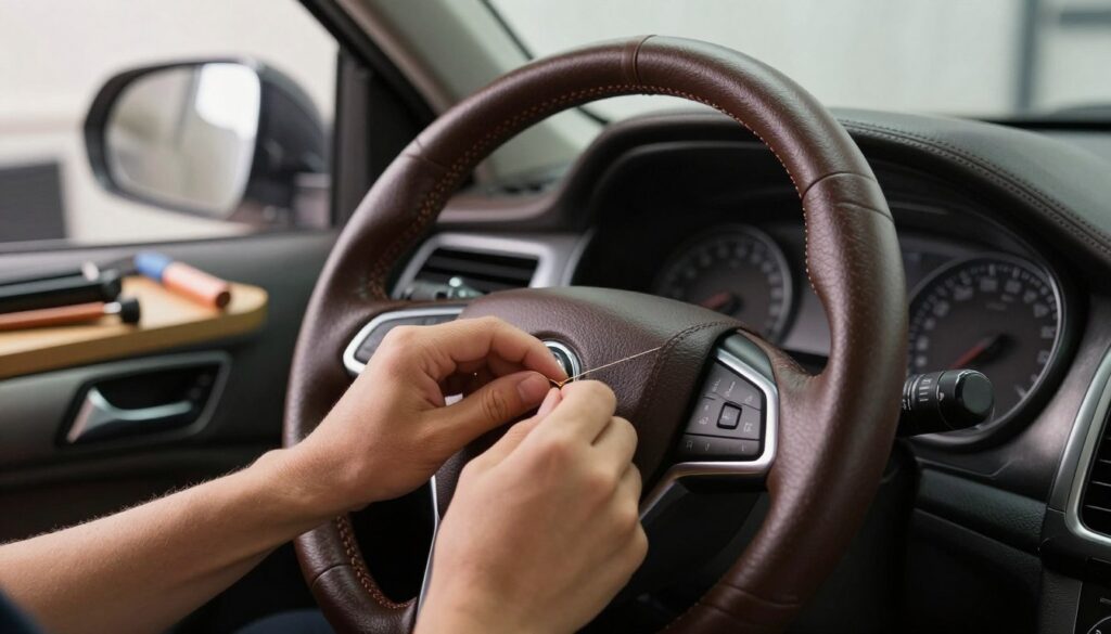 A close-up view of a car steering wheel being precisely wrapped in high-quality leather. The foreground highlights a skilled craftsman’s hands meticulously working with needle and thread, giving a sense of craftsmanship. The middle ground features the steering wheel with a rich, textured leather finish, showcasing a deep brown color that contrasts beautifully with subtle stitching. In the background, a well-lit automotive workshop reveals tools and materials arranged neatly, enhancing the professional atmosphere. Soft, natural lighting from a nearby window casts gentle shadows, creating depth. The overall mood is one of refinement and attention to detail, emphasizing the transformation of a vehicle's interior through leather wrapping.
