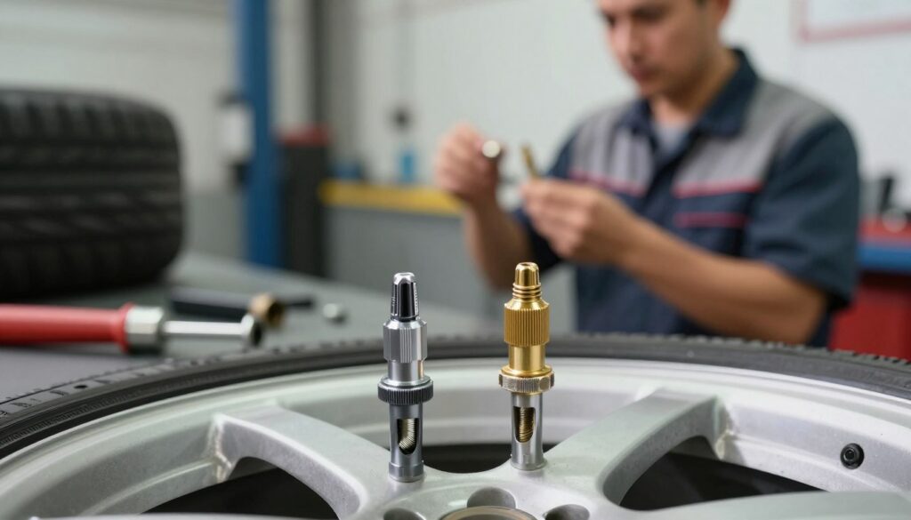 A close-up view of a car wheel and valve stem, showcasing common mistakes in valve selection. In the foreground, focus on an incorrectly sized valve next to a correctly sized one, highlighting differences in design and fit. The middle ground features a well-lit garage environment with various tire workshop tools subtly arranged. In the background, a blurred image of an automotive technician wearing a professional shirt, examining other valves for proper fitment, conveys a sense of expertise and caution. Soft, diffused lighting emphasizes the details of the valves, and a shallow depth of field draws attention to the valve stems. The overall mood is educational and focused, aimed at illustrating the importance of proper valve choice.