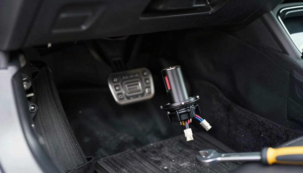 A close-up view of a car's clutch pedal sensor, emphasizing the accessible location and its mechanical connections. In the foreground, a detailed shot of the sensor itself, showcasing the wiring and connectors, with tools like a wrench or screwdriver nearby, suggesting an ongoing inspection. In the middle ground, the car's footwell is visible, with the pedal assembly in focus, illuminated by soft, natural light filtering through an open car door. The background features a slightly blurred view of the vehicle's interior, enhancing the sense of depth and immersion. The overall atmosphere is technical and clinical, highlighting the importance of maintenance with a focus on clarity and detail.