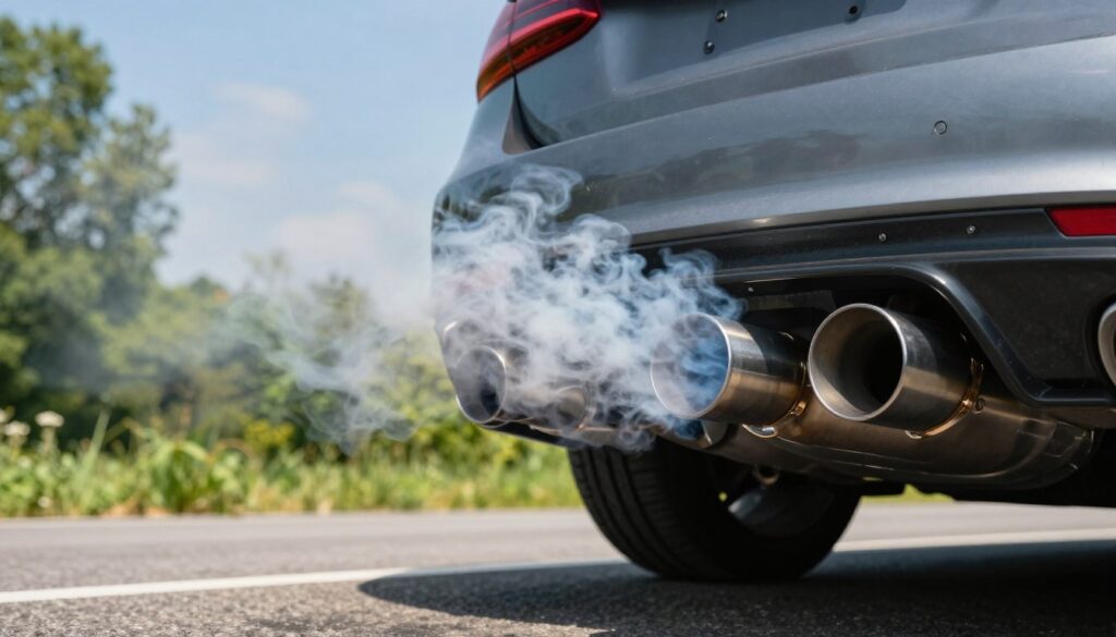 A close-up view of a car's exhaust pipe emitting a vibrant, swirling plume of exhaust smoke in the foreground, capturing the intricate details of the exhaust system with metallic textures glinting under bright natural sunlight. In the middle ground, a sleek diesel car is parked on a winding road, showcasing its sporty design and downpipe modification, contributing to the sound dynamics. The background features a lush, green landscape with soft-focus trees and a clear blue sky, creating a serene contrast to the powerful performance of the car. The overall atmosphere should convey excitement and energy, reflecting the enhanced sound and mechanics of the vehicle after the installation of the downpipe. The lighting is bright and natural, enhancing the visual appeal while maintaining a professional tone. A close-up view of a car's exhaust pipe emitting a vibrant, swirling plume of exhaust smoke in the foreground, capturing the intricate details of the exhaust system with metallic textures glinting under bright natural sunlight. In the middle ground, a sleek diesel car is parked on a winding road, showcasing its sporty design and downpipe modification, contributing to the sound dynamics. The background features a lush, green landscape with soft-focus trees and a clear blue sky, creating a serene contrast to the powerful performance of the car. The overall atmosphere should convey excitement and energy, reflecting the enhanced sound and mechanics of the vehicle after the installation of the downpipe. The lighting is bright and natural, enhancing the visual appeal while maintaining a professional tone.