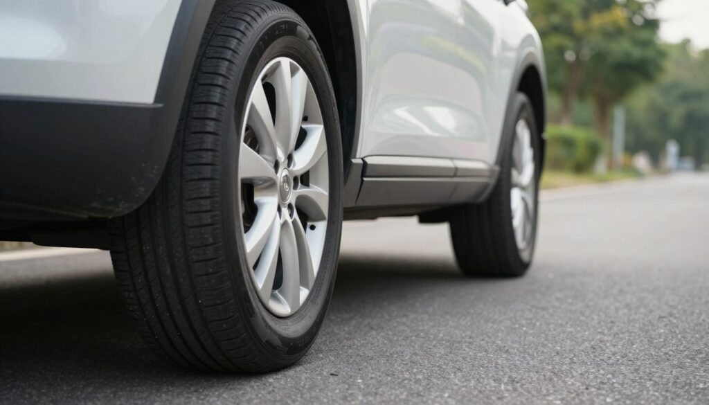 A close-up view of a car's front wheels on a well-paved road, illustrating the concept of wheel alignment and camber. The foreground features the tires with visible tread patterns, reflecting the sunlight. In the middle, optimized angles showcase the wheels' alignment, demonstrating slight outward tilt for positive camber. The background subtly includes blurred asphalt and green foliage, enhancing a sense of safe driving. Soft, natural lighting creates a calm atmosphere, emphasizing the importance of proper wheel alignment on vehicle handling. The scene captures a serene yet focused mood, evoking thoughts about driving safety, tire longevity, and comfort. No people or text are present, ensuring a professional and clean image. A close-up view of a car's front wheels on a well-paved road, illustrating the concept of wheel alignment and camber. The foreground features the tires with visible tread patterns, reflecting the sunlight. In the middle, optimized angles showcase the wheels' alignment, demonstrating slight outward tilt for positive camber. The background subtly includes blurred asphalt and green foliage, enhancing a sense of safe driving. Soft, natural lighting creates a calm atmosphere, emphasizing the importance of proper wheel alignment on vehicle handling. The scene captures a serene yet focused mood, evoking thoughts about driving safety, tire longevity, and comfort. No people or text are present, ensuring a professional and clean image.