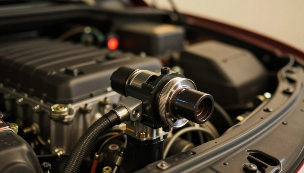 A close-up view of a car's throttle position sensor (TPS) located in an engine bay, intricately detailed to show its metallic and plastic components. The sensor is surrounded by various engine elements like wires and hoses, emphasizing its importance in the engine's functionality. In the foreground, capture the glossy, reflective surface of the sensor and the texture of the wiring harness. The middle-ground should include the engine's block and other nearby components blurred slightly to focus on the TPS. The background features a dimly lit garage environment with soft, warm lighting, creating a technical and focused atmosphere. The overall mood should convey a sense of automotive diagnostics and precision, highlighting the relationship between the TPS and the check engine light. A close-up view of a car's throttle position sensor (TPS) located in an engine bay, intricately detailed to show its metallic and plastic components. The sensor is surrounded by various engine elements like wires and hoses, emphasizing its importance in the engine's functionality. In the foreground, capture the glossy, reflective surface of the sensor and the texture of the wiring harness. The middle-ground should include the engine's block and other nearby components blurred slightly to focus on the TPS. The background features a dimly lit garage environment with soft, warm lighting, creating a technical and focused atmosphere. The overall mood should convey a sense of automotive diagnostics and precision, highlighting the relationship between the TPS and the check engine light.
