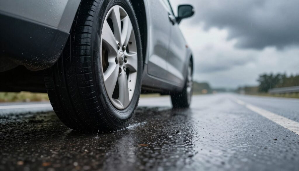 A close-up view of a car's wheels on a wet, slippery road surface, showcasing the important moment of braking. The foreground features the car's tires with visible tread patterns, emphasizing their interaction with the slick asphalt glistening with rain. In the middle ground, the blurred outline of the car can be seen to suggest motion, while the background contains a dramatic sky full of dark clouds, hinting at the rain that has created the slippery conditions. The lighting is soft and diffuse, simulating an overcast day, with reflections on the wet surface enhancing the sense of realism. The mood is tense yet controlled, capturing the essence of driving safely in challenging conditions. A close-up view of a car's wheels on a wet, slippery road surface, showcasing the important moment of braking. The foreground features the car's tires with visible tread patterns, emphasizing their interaction with the slick asphalt glistening with rain. In the middle ground, the blurred outline of the car can be seen to suggest motion, while the background contains a dramatic sky full of dark clouds, hinting at the rain that has created the slippery conditions. The lighting is soft and diffuse, simulating an overcast day, with reflections on the wet surface enhancing the sense of realism. The mood is tense yet controlled, capturing the essence of driving safely in challenging conditions.