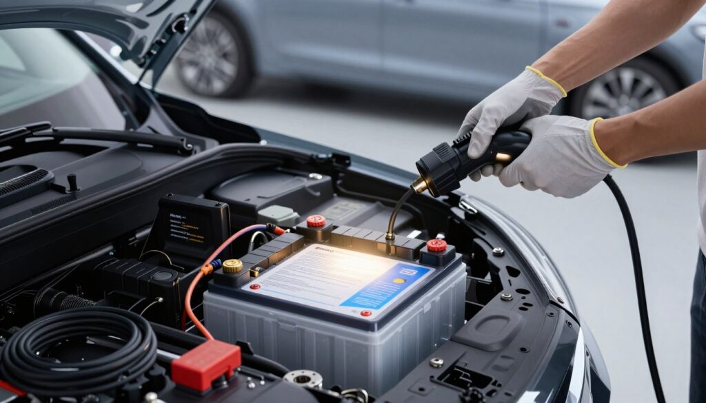 A close-up view of a compact hybrid vehicle's small battery being charged in "Ready" mode. In the foreground, showcase the battery compartment open, revealing a well-lit, modern hybrid battery with clear technical specifications visible. Surrounding the battery, include various tools and charging cables neatly organized, emphasizing safety and attention to detail. In the middle ground, depict a pair of hands (wearing protective gloves) connecting a standard charger, showcasing an instructional approach. The background features a sleek, minimalistic garage setting with soft ambient lighting to create a calm atmosphere, emphasizing cleanliness and safety in the process. The angle should be slightly above the battery, providing a clear view of the charging action without any distractions or overlays. A close-up view of a compact hybrid vehicle's small battery being charged in "Ready" mode. In the foreground, showcase the battery compartment open, revealing a well-lit, modern hybrid battery with clear technical specifications visible. Surrounding the battery, include various tools and charging cables neatly organized, emphasizing safety and attention to detail. In the middle ground, depict a pair of hands (wearing protective gloves) connecting a standard charger, showcasing an instructional approach. The background features a sleek, minimalistic garage setting with soft ambient lighting to create a calm atmosphere, emphasizing cleanliness and safety in the process. The angle should be slightly above the battery, providing a clear view of the charging action without any distractions or overlays.