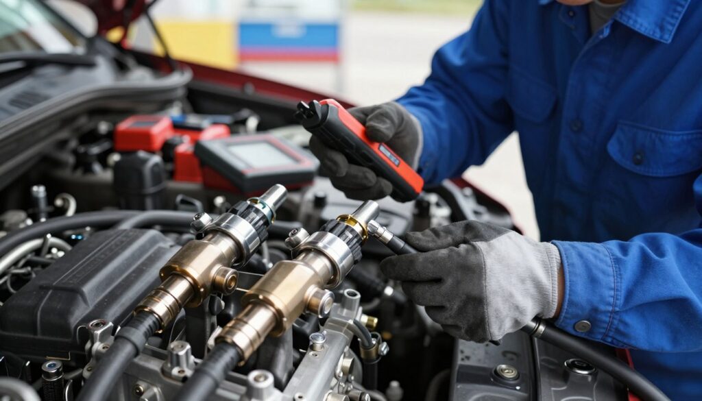 A close-up view of a diesel engine with an emphasis on the fuel injectors, showcasing a mechanic during the inspection process. The mechanic, dressed in a professional blue work shirt and gloves, is carefully examining the injectors with a diagnostic tool. The foreground features detailed injectors glistening under bright, natural lighting, highlighting their metallic surfaces. In the middle ground, the mechanic is engaged in the inspection, demonstrating both concentration and professionalism. In the background, the engine bay is visible, with various automotive tools organized neatly on a workbench. The atmosphere conveys a sense of precision and technical expertise, emphasizing the importance of checking fuel injectors in diesel engines. The image is shot from a slightly elevated angle to capture both the injectors and the mechanic effectively.