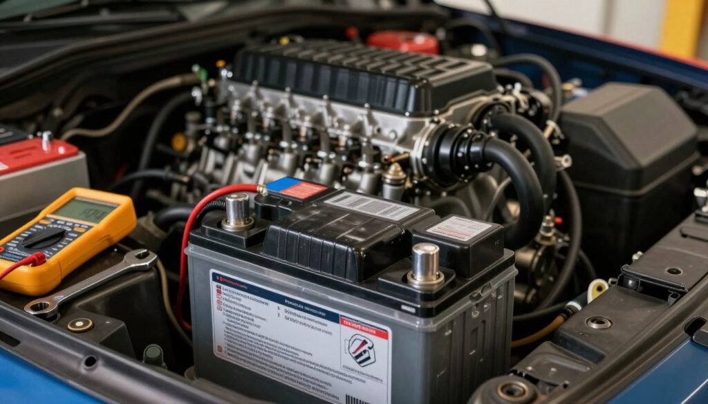 A close-up view of a diesel engine's battery compartment, showcasing a powerful car battery designed for high starting current. The foreground features the battery with clear labels indicating its specifications, surrounded by tools like a multimeter and wrench, emphasizing the technical aspect of battery selection. In the middle ground, capture the diesel engine with visible components, highlighting its robust build. The background can feature a garage setting, with soft, warm lighting that creates an inviting atmosphere. The scene should be composed at a slightly angled perspective to give depth, and emphasize professionalism in the environment. A close-up view of a diesel engine's battery compartment, showcasing a powerful car battery designed for high starting current. The foreground features the battery with clear labels indicating its specifications, surrounded by tools like a multimeter and wrench, emphasizing the technical aspect of battery selection. In the middle ground, capture the diesel engine with visible components, highlighting its robust build. The background can feature a garage setting, with soft, warm lighting that creates an inviting atmosphere. The scene should be composed at a slightly angled perspective to give depth, and emphasize professionalism in the environment.